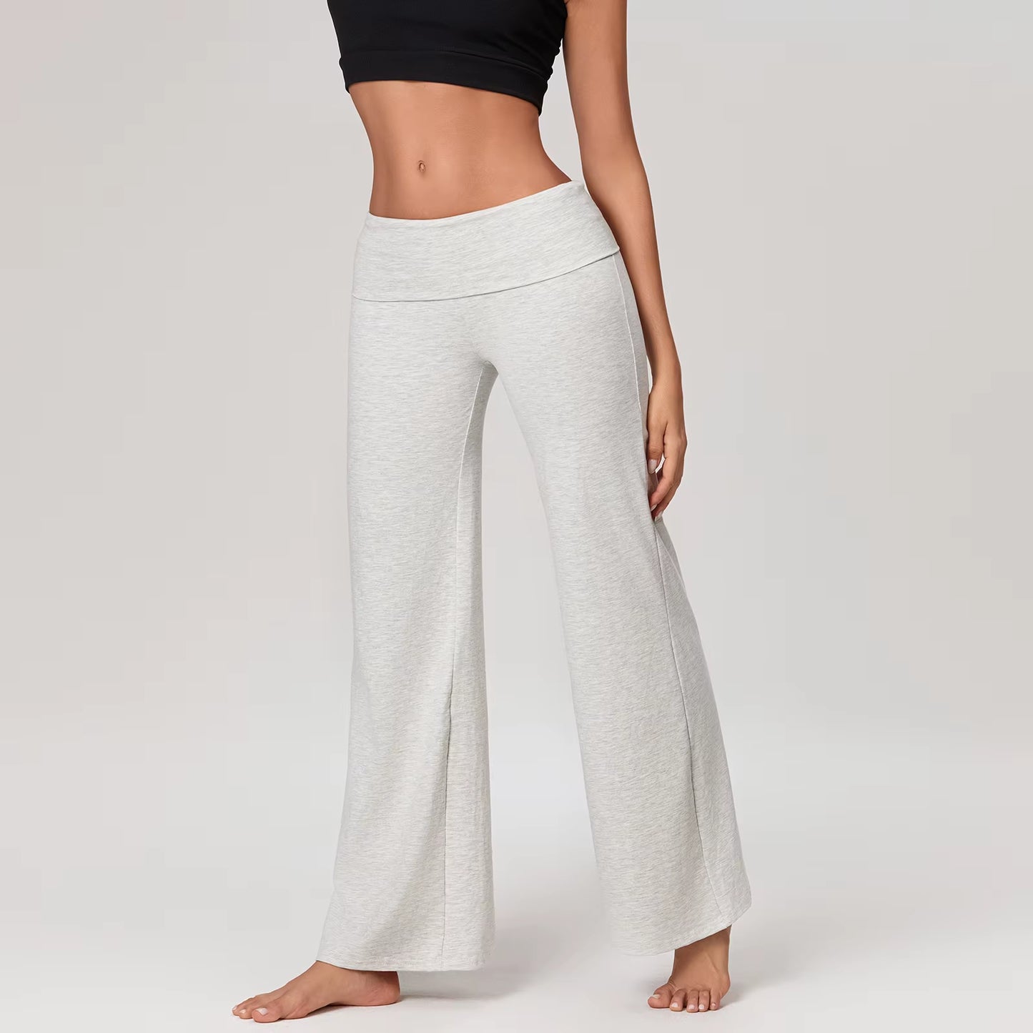 Women'S Casual Long Pants Spring Fall Foldover Waist Loose Wide Leg Pants Solid Color Baggy Straight Trousers