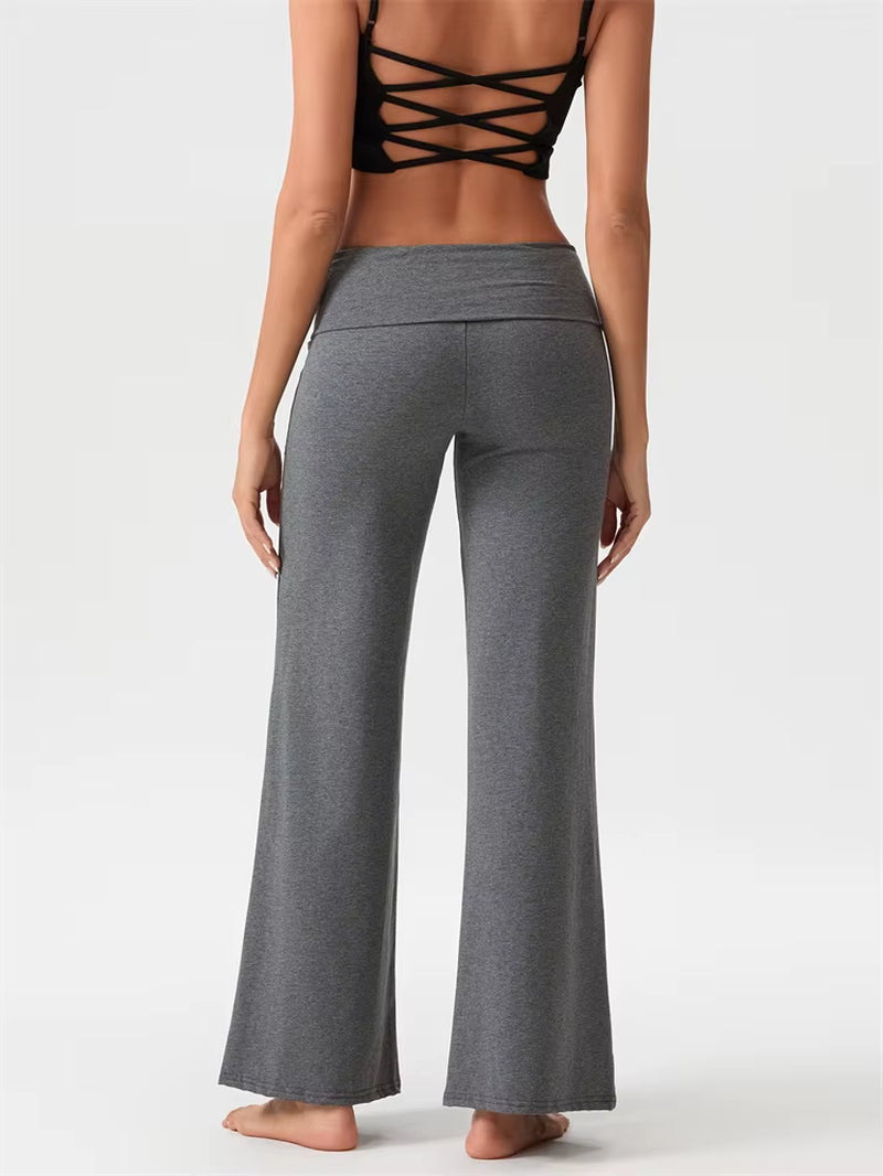 Women'S Casual Long Pants Spring Fall Foldover Waist Loose Wide Leg Pants Solid Color Baggy Straight Trousers
