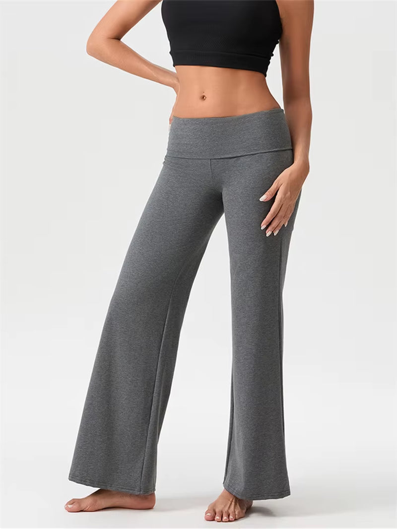 Women'S Casual Long Pants Spring Fall Foldover Waist Loose Wide Leg Pants Solid Color Baggy Straight Trousers