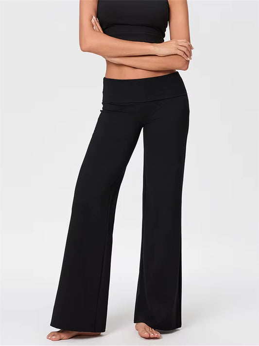 Women'S Casual Long Pants Spring Fall Foldover Waist Loose Wide Leg Pants Solid Color Baggy Straight Trousers